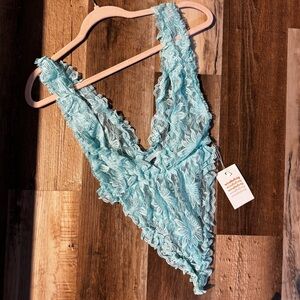 Vintage 1980s Lace Chemise in Soft Blue, One Piece, Deep V Style - Small